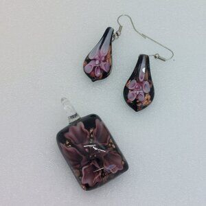 Vintage Glass Pierced Earrings & Pendant Black Purple